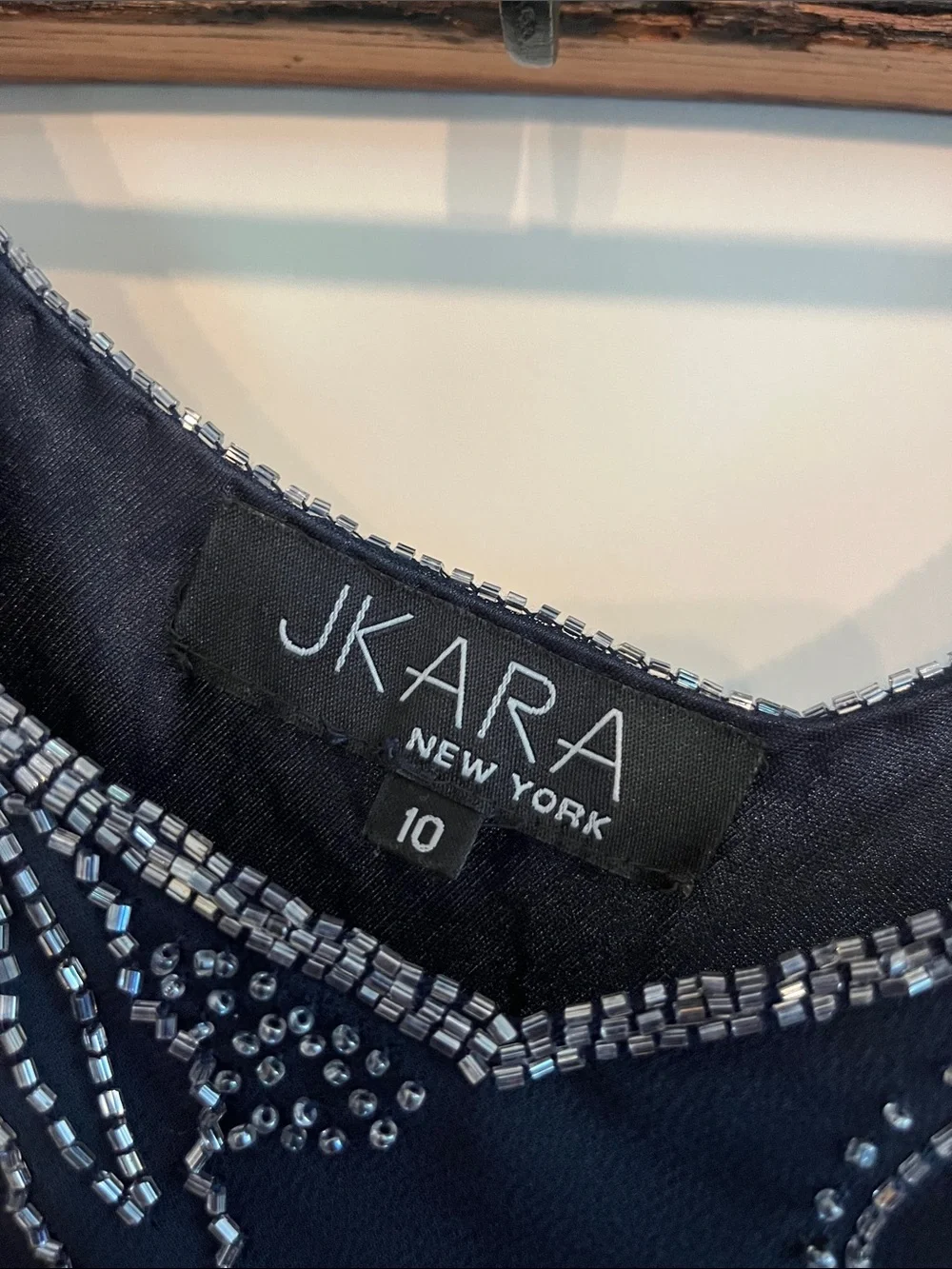 J Kara Navy Maxi Dress with Silver Beaded Floral Embellishment